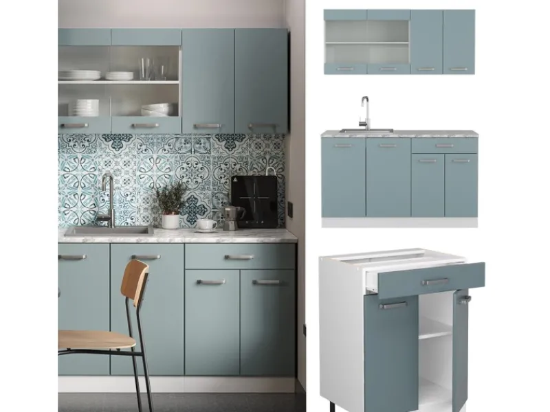 Hot Vicco R-Line Singleküche Blau-Grau/Weiß 140 cm AP Eiche ohne E-Geräte Single-Küchen