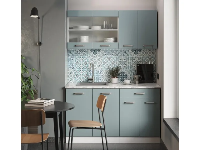 Hot Vicco R-Line Singleküche Blau-Grau/Weiß 140 cm AP Eiche ohne E-Geräte Single-Küchen