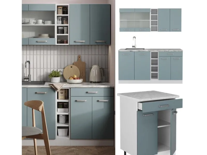 Hot Vicco R-Line Singleküche Blau-Grau 160 cm AP Marmor ohne E-Geräte Single-Küchen