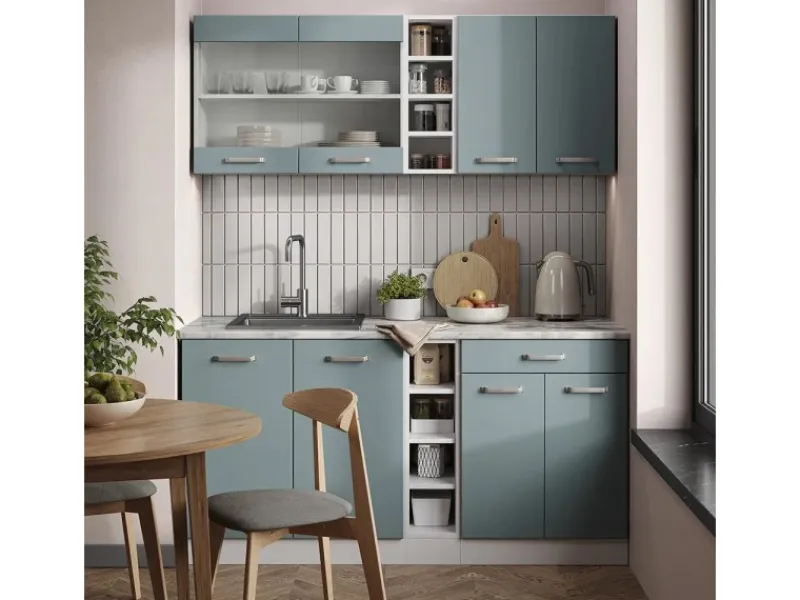 Hot Vicco R-Line Singleküche Blau-Grau 160 cm AP Marmor ohne E-Geräte Single-Küchen
