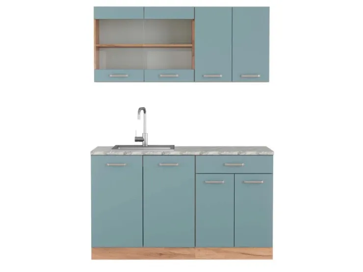 Single-Küchen|Miniküchen<Vicco R-Line Singleküche Blau-Grau/Goldkraft Eiche 140 cm AP Marmor ohne E-Geräte Blaugrau