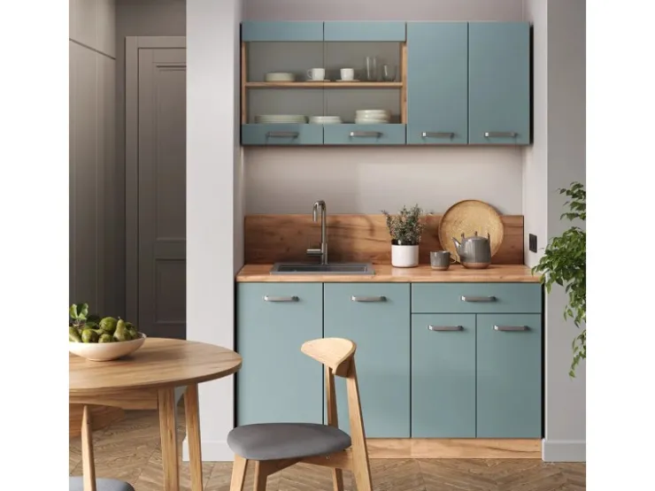 Single-Küchen|Miniküchen<Vicco R-Line Singleküche Blau-Grau/Goldkraft Eiche 140 cm AP Marmor ohne E-Geräte Blaugrau