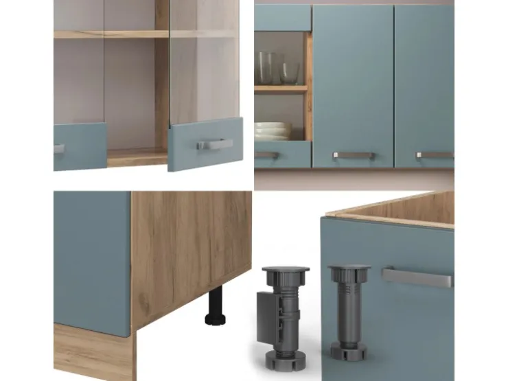 Single-Küchen|Miniküchen<Vicco R-Line Singleküche Blau-Grau/Goldkraft Eiche 140 cm AP Marmor ohne E-Geräte Blaugrau