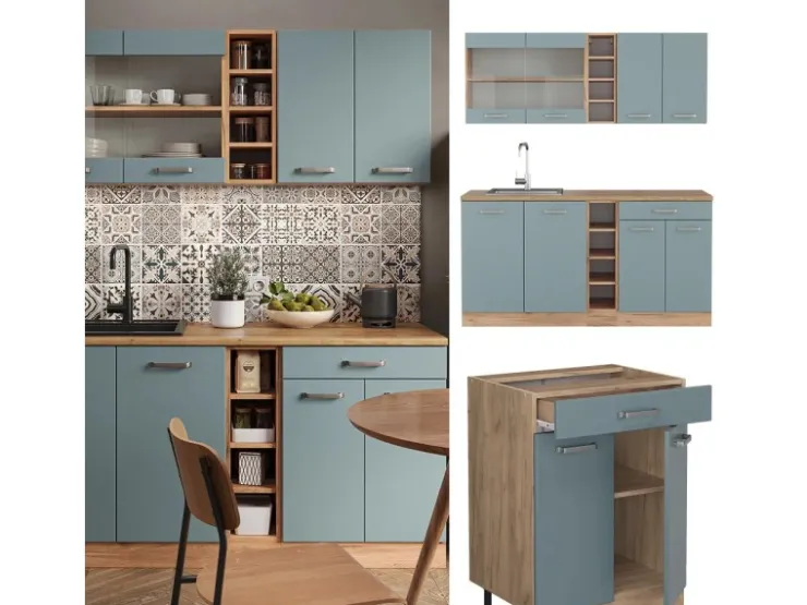 Hot Vicco R-Line Singleküche Blau-Grau/Goldkraft Eiche 160 cm AP Marmor ohne E-Geräte Blaugrau