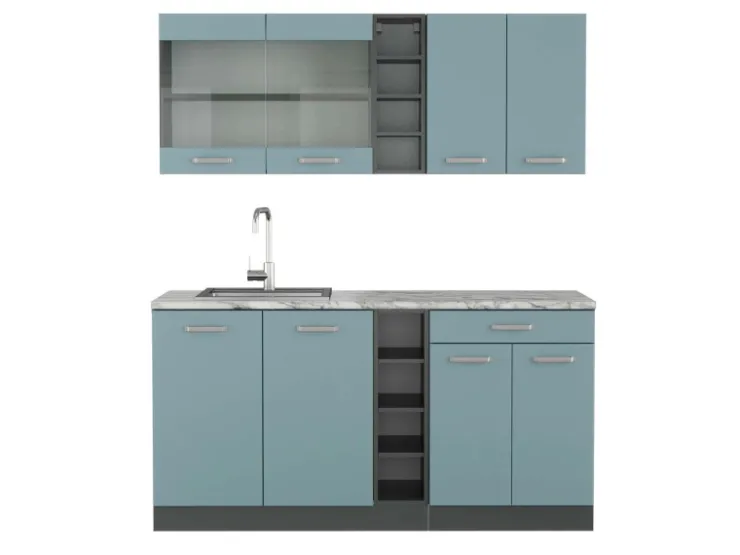 Sale Vicco R-Line Singleküche Blau-Grau/Anthrazit 160 cm AP Marmor ohne E-Geräte Blaugrau