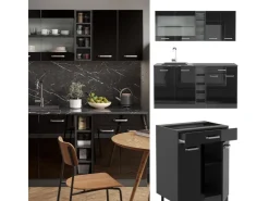 Clearance Vicco R-Line Singleküche /Anthrazit 160 cm AP Marmor ohne E-Geräte Schwarz Hochglanz