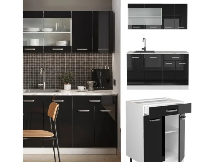 Sale Vicco R-Line Singleküche /Weiß 140 cm AP Eiche ohne E-Geräte Schwarz Hochglanz