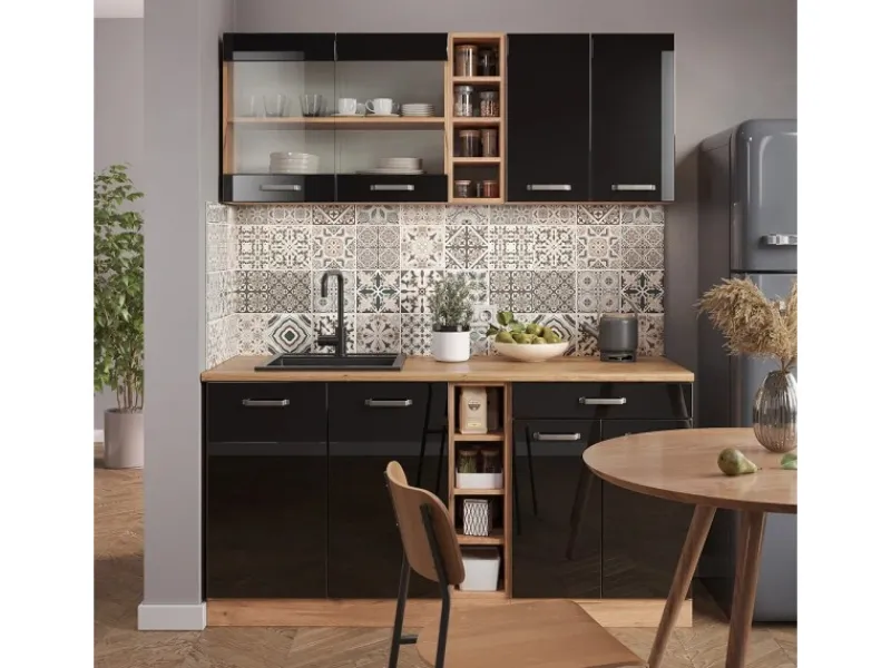 Vicco R-Line Singleküche /Goldkraft Eiche 160 cm AP Marmor ohne E-Geräte Single-Küchen