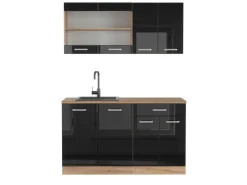 Single-Küchen<Vicco R-Line Singleküche /Goldkraft Eiche 140 cm AP Eiche ohne E-Geräte Schwarz Hochglanz