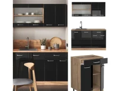 Single-Küchen<Vicco R-Line Singleküche /Goldkraft Eiche 140 cm AP Eiche ohne E-Geräte Schwarz Hochglanz