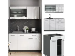 Single-Küchen<Vicco R-Line Singleküche /Anthrazit 140 cm ohne Arbeitsplatte ohne E-Geräte Weiß Hochglanz