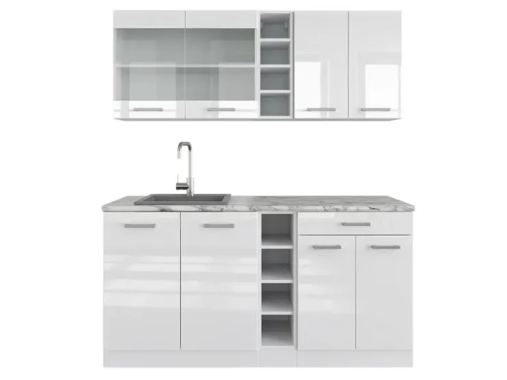 Single-Küchen<Vicco R-Line Singleküche Hochglanz/ 160 cm AP Marmor ohne E-Geräte Weiß