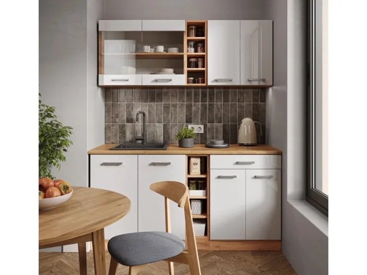 Single-Küchen|Herde<Vicco R-Line Singleküche Weiß Hochglanz/Goldkraft Eiche 160 cm ohne Arbeitsplatte ohne E-Geräte Hochglanz Weiß
