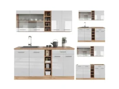 Single-Küchen|Herde<Vicco R-Line Singleküche Weiß Hochglanz/Goldkraft Eiche 160 cm ohne Arbeitsplatte ohne E-Geräte Hochglanz Weiß