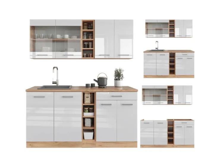 Single-Küchen|Herde<Vicco R-Line Singleküche Weiß Hochglanz/Goldkraft Eiche 160 cm ohne Arbeitsplatte ohne E-Geräte Hochglanz Weiß