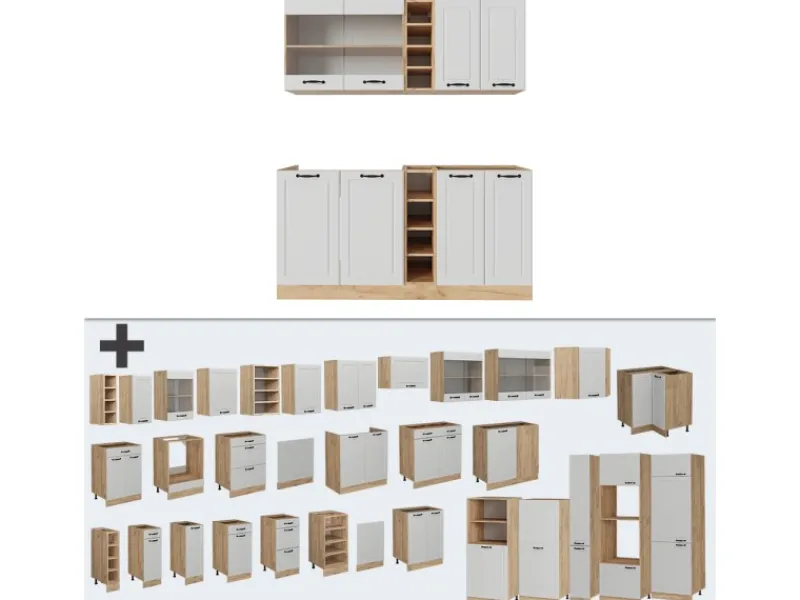 New Vicco R-Line Singleküche Weiß Landhaus/Goldkraft Eiche 160 cm AP Marmor ohne E-Geräte Single-Küchen|Miniküchen