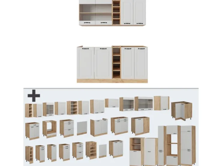 Single-Küchen|Einbauküchen<Vicco R-Line Singleküche Weiß Landhaus/Goldkraft Eiche 160 cm ohne Arbeitsplatte ohne E-Geräte Weiß Struktur