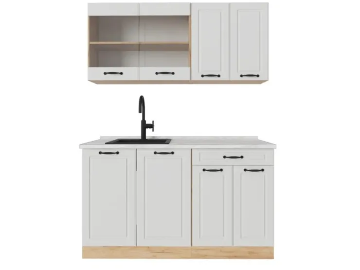 Single-Küchen<Vicco R-Line Singleküche Weiß Landhaus/Goldkraft Eiche 140 cm AP Marmor ohne E-Geräte Weiß Struktur