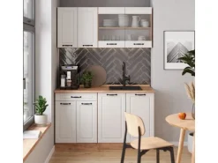 Single-Küchen<Vicco R-Line Singleküche Weiß Landhaus/Goldkraft Eiche 140 cm AP Marmor ohne E-Geräte Weiß Struktur