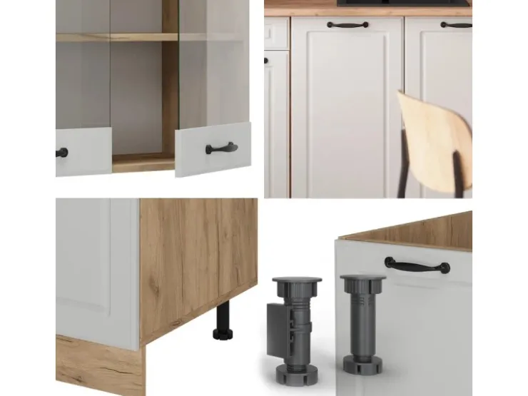 Single-Küchen<Vicco R-Line Singleküche Weiß Landhaus/Goldkraft Eiche 140 cm AP Marmor ohne E-Geräte Weiß Struktur