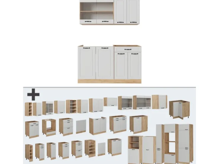 Single-Küchen<Vicco R-Line Singleküche Weiß Landhaus/Goldkraft Eiche 140 cm AP Marmor ohne E-Geräte Weiß Struktur