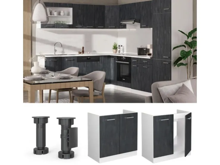 Vicco Spülenunterschrank R-Line Schwarz Beton/Weiß 80 cm ohne Arbeitsplatte Beton Anthrazit