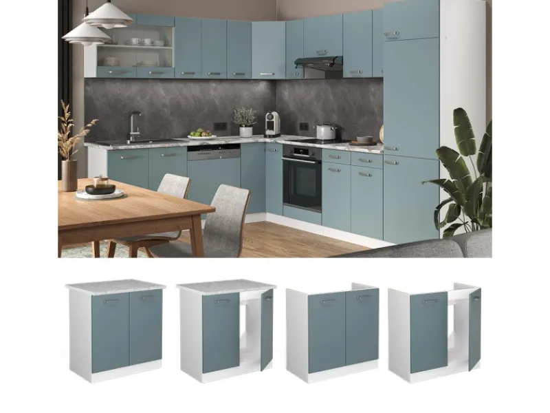 Vicco Spülenunterschrank R-Line Küchenunterschrank für die Spüle Blau-Grau/Weiß 80 cm AP Marmor Küchenschränke