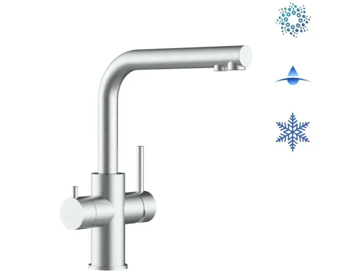 VIZIO Kurzversion 5 Wege Wasserhahn Küchenarmatur Edelstahl Massiv mit 360° Schwenkbarem L Auslauf Gebürstet