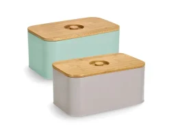 Zeller Küchenhelfer<Brotkasten Metall mit Bambusdeckel 30 cm x 18 cm x 14 cm Beige
