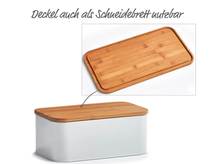 Zeller Küchenhelfer<Brotkasten Metall mit Bambusdeckel 30,5 cm x 18 cm x 12,5 cm Matt Weiß